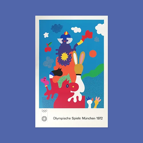 A very colourful, abstract depiction of animals, shapes and clouds on a bright blue background