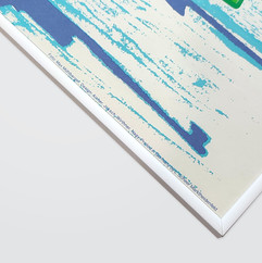 Abstract art with blue and teal brush strokes on a white canvas. Text at the bottom reads: "Foto: Max Mühlberger, Design: Aicher, Joksch, Wirthner, Nagy."