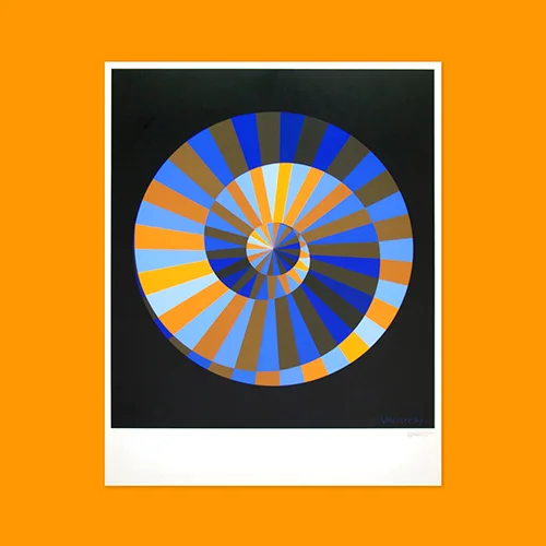 A stylised variation of the Munich 1972 spiral logo in blue and orange on a black background