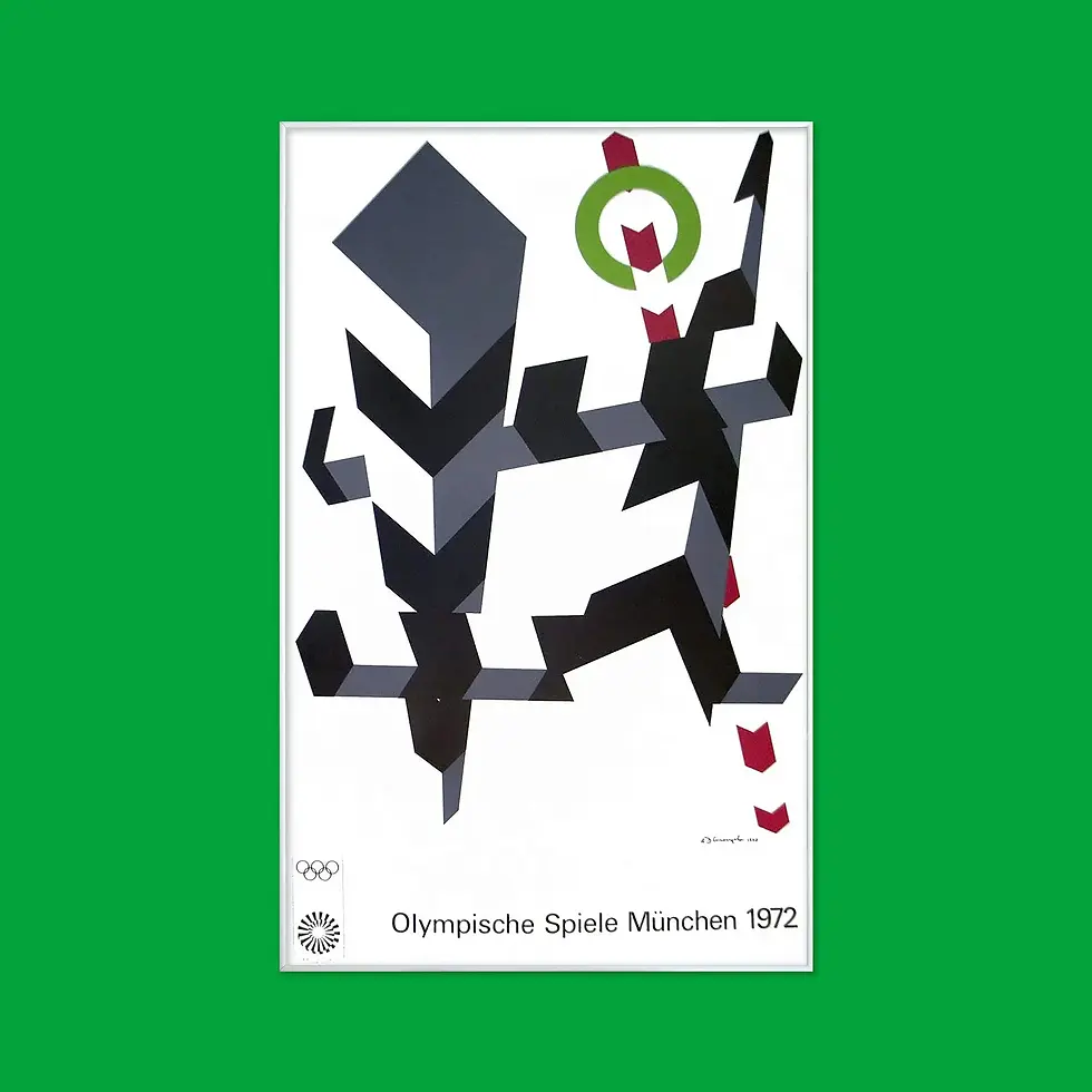 Allan D'Arcangelo Art Poster. Abstract geometric shapes in black and grey with highlights of red and green on a white backgro