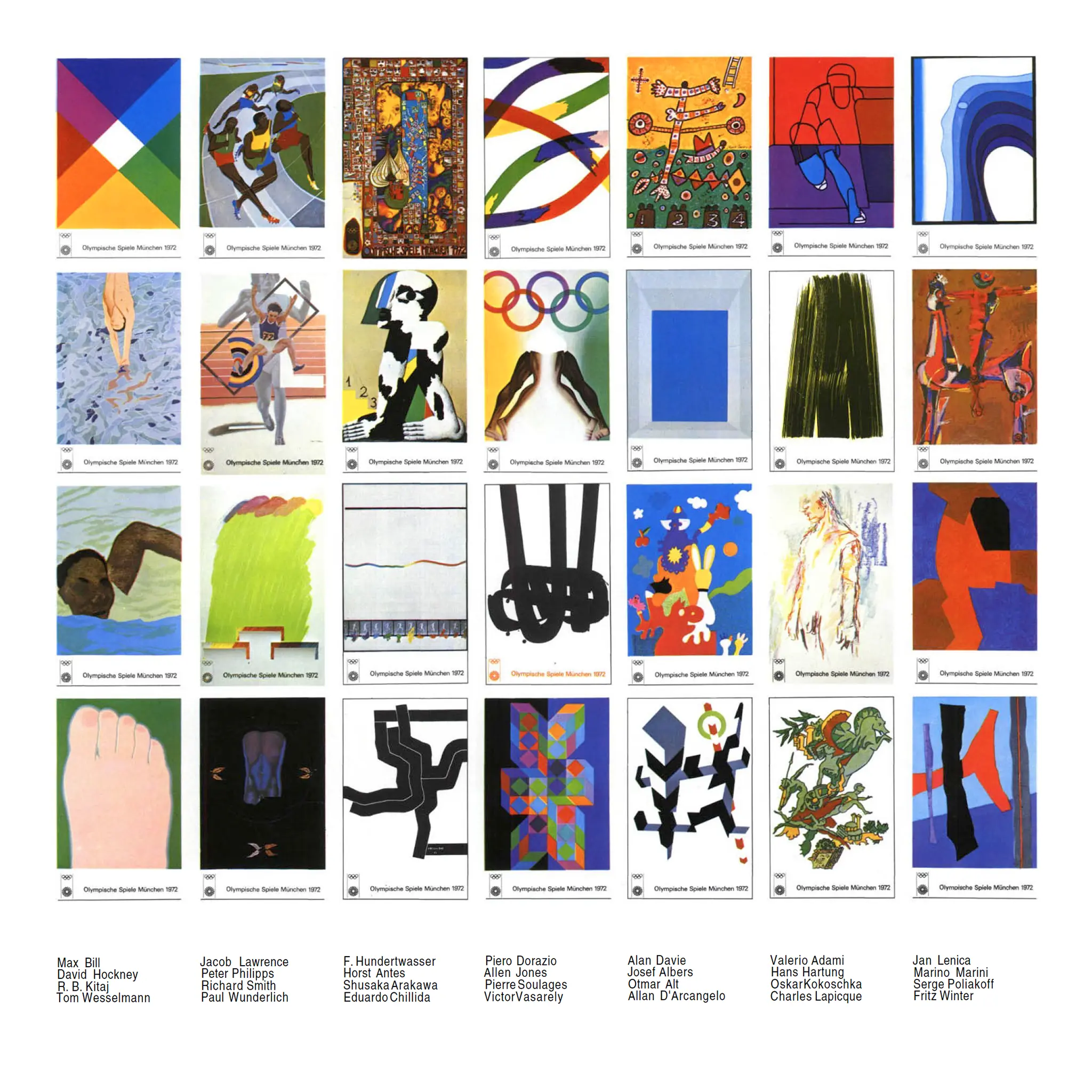 A grid of twenty eight art posters for the 1972 Munich Olympics. Ranging in styles from Modernist, Pop and Bauhaus, to New Realism and Art Nouveau. A multitude of form and colour depicting everything from geometric shapes and the Olympic rings to athletic and mythological figures. All created by some of the World’s most influential artists, including amongst others; David Hockney, Max Bill, Pierre Soulages, Josef Albers and Victor Vasarely.