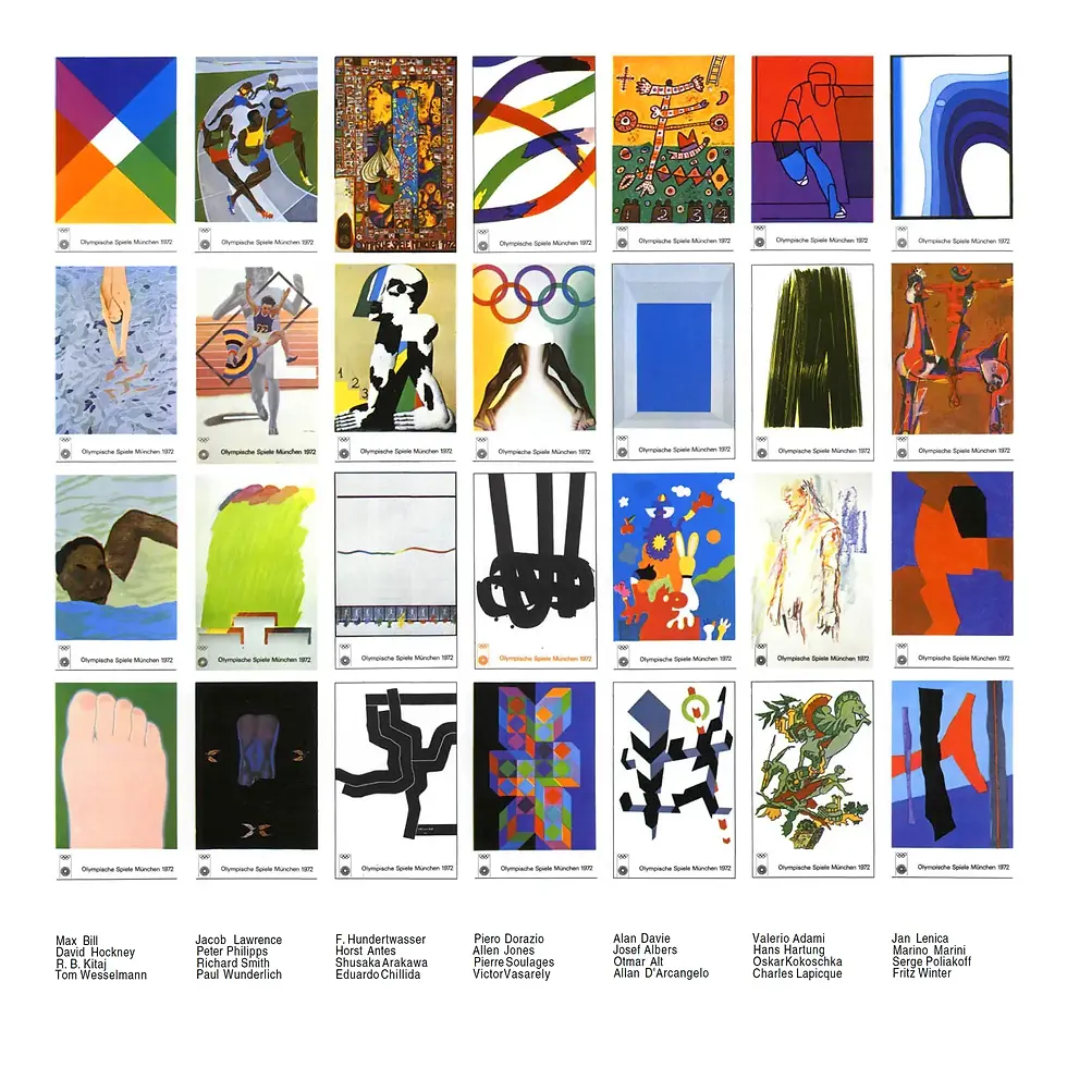 A grid of twenty eight art posters for the 1972 Munich Olympics. Ranging in styles from Modernist, Pop and Bauhaus, to New Realism and Art Nouveau. A multitude of form and colour depicting everything from geometric shapes and the Olympic rings to athletic and mythological figures. All created by some of the World’s most influential artists, including amongst others; David Hockney, Max Bill, Pierre Soulages, Josef Albers and Victor Vasarely.