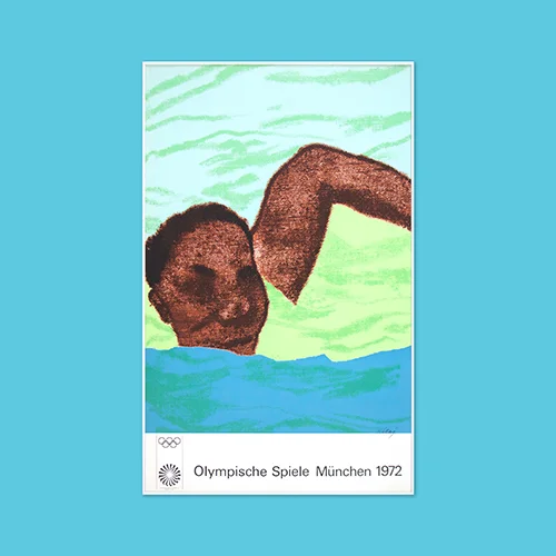A slightly abstract black swimmer in a sea of greens and blues