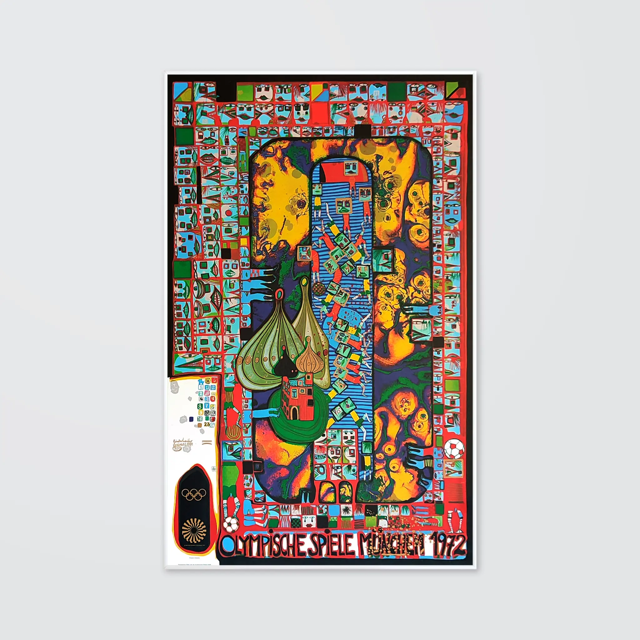 A football game in the stlye of an oriental magic carpet. Uneven shapes and forms in bold colours