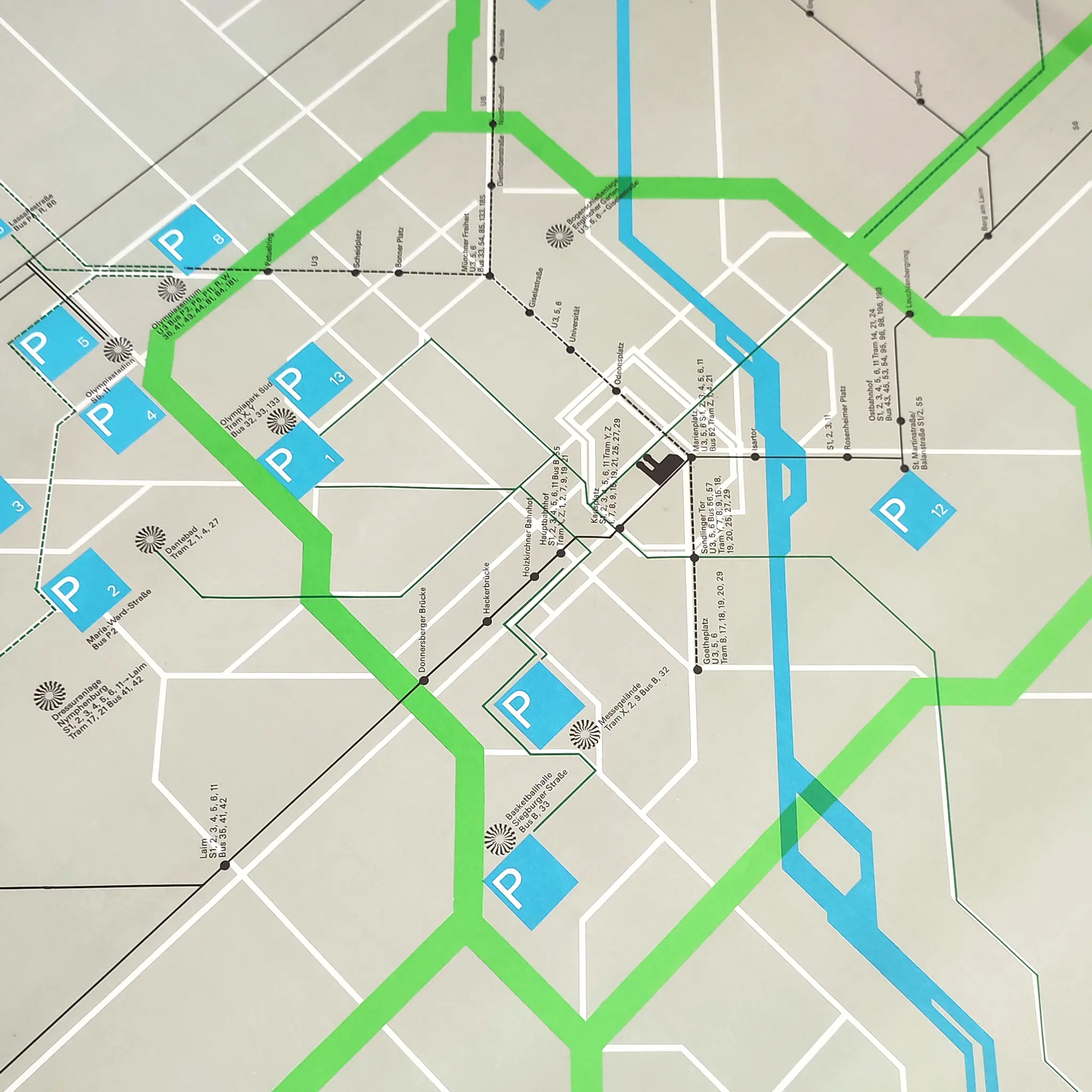 Detail of poster showing a map of Munich pinpointing the available parking areas during the Munich 1972 Olympic Games.