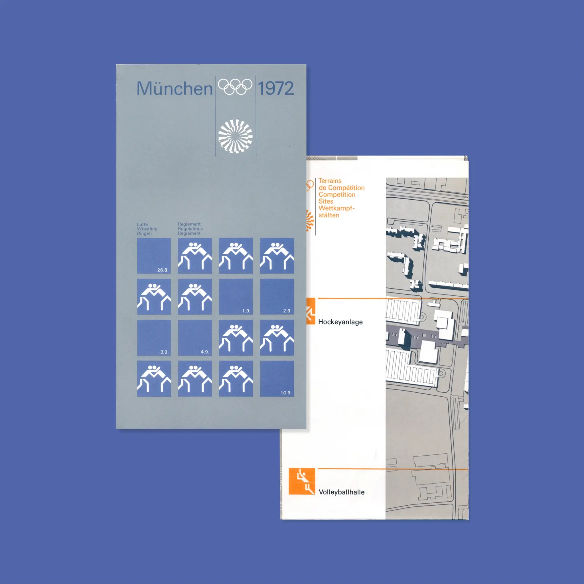 Silver booklet with "München 1972", "Wrestling Regulations" and Olympic icons, along with a white site map with multilingual