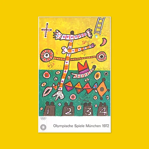 A brightly coloured abstract,of spontaneous primitive compositions in yellow, green and orange