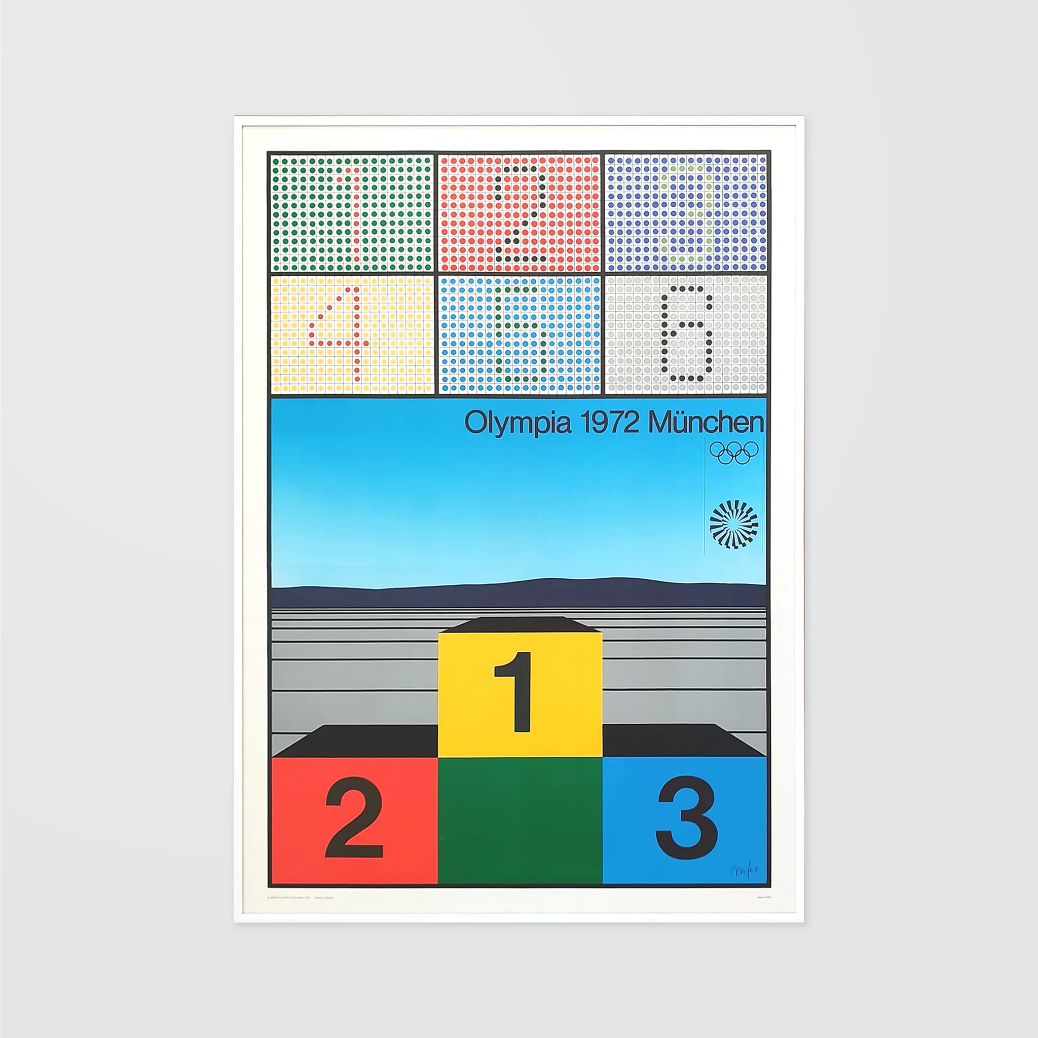 Olympia 1972 München poster with a vibrant podium of red, green, and blue with numbers 1-3. Background features colorful patterns and Olympic rings.