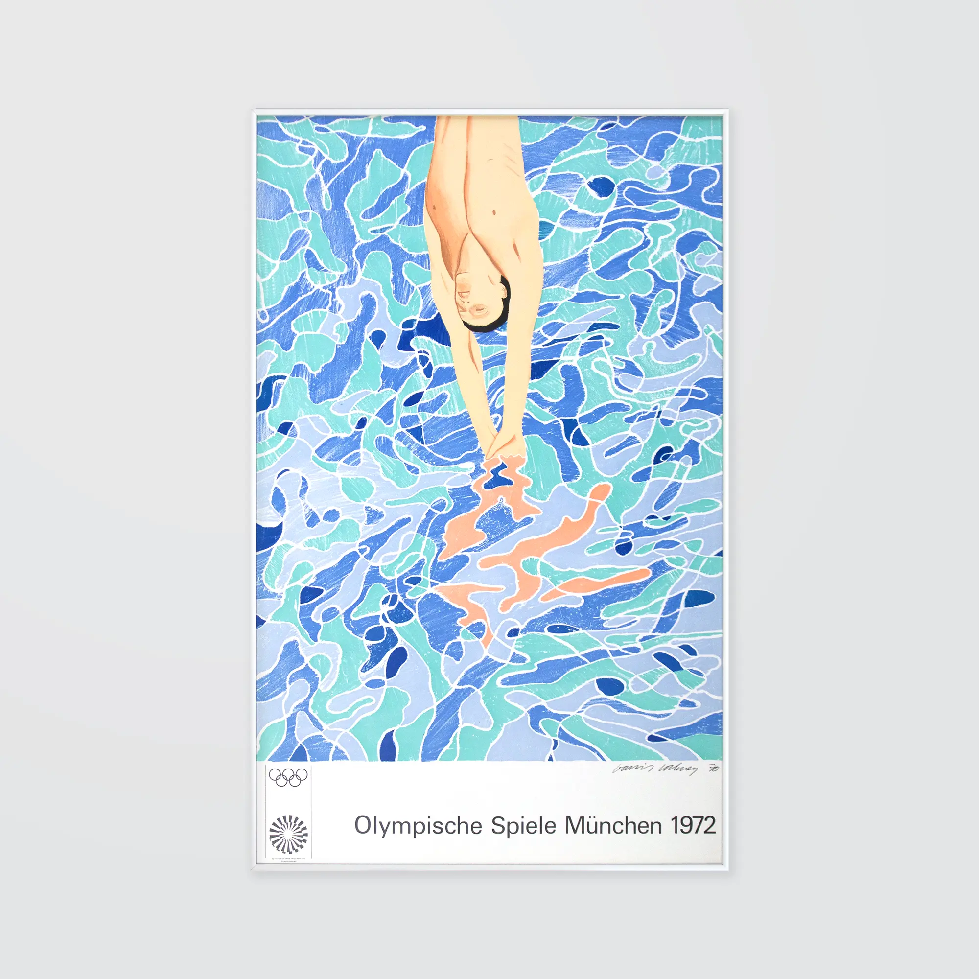 A Pop Art styled diver entering a swimming pool of interlocking blue shapes 