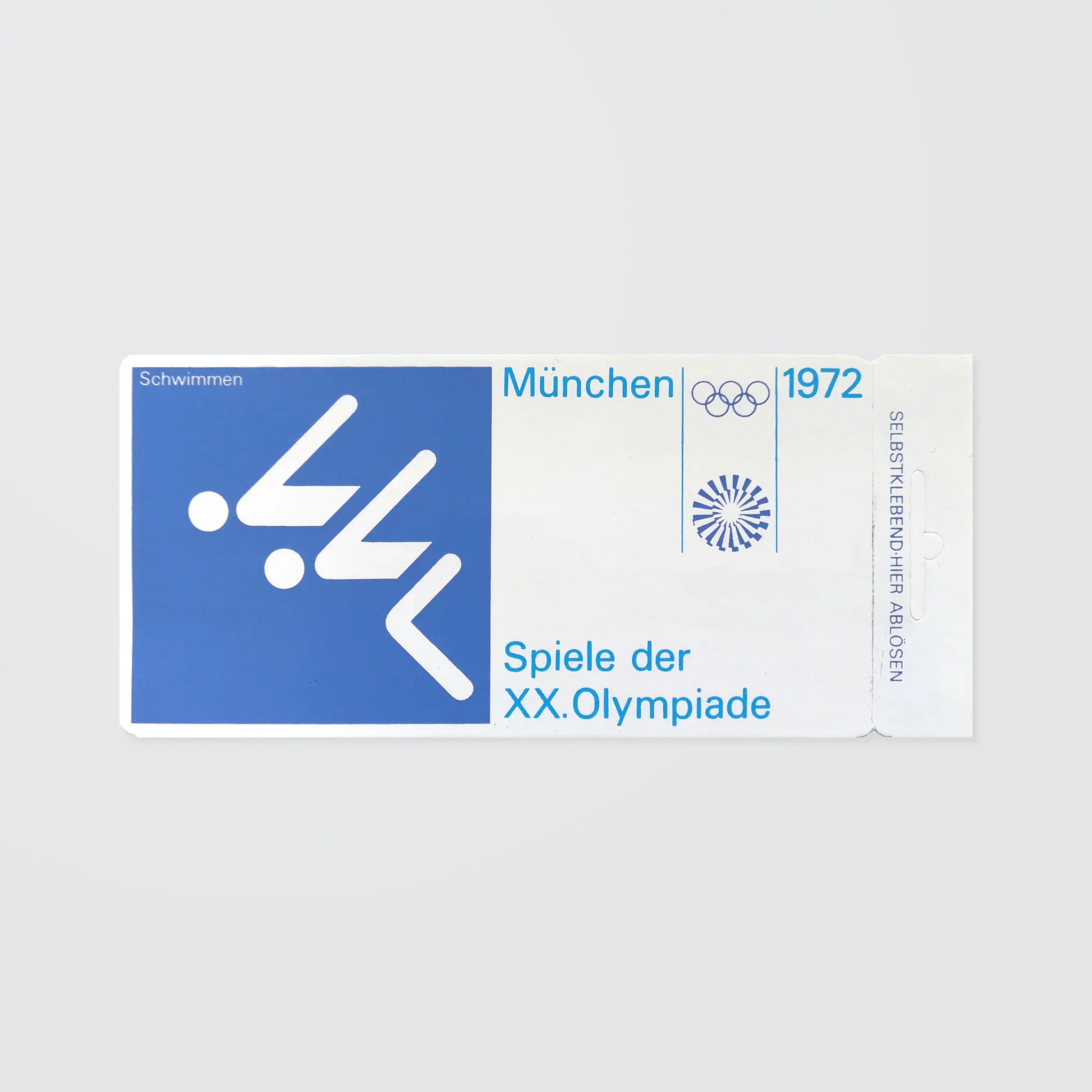 A souvenir sticker with a pictogram depicting the swimming events of the Munich 1972 Olympic Games. 