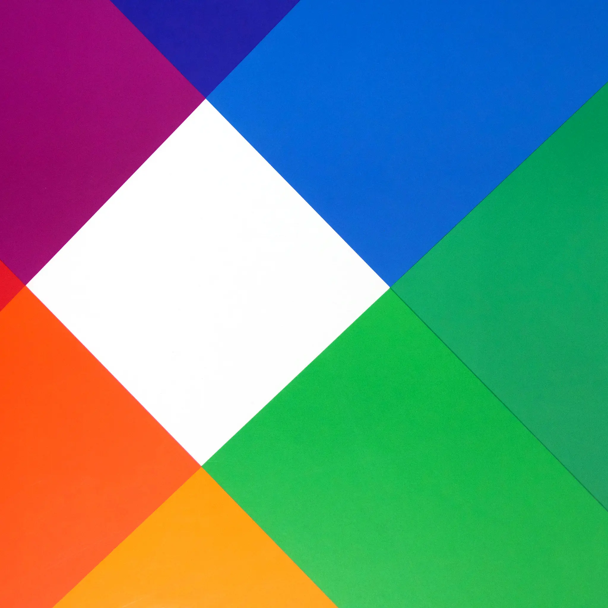 Geometric pattern with vibrant blue, green, orange, and purple triangles converging at a white square center, creating a dynamic design.