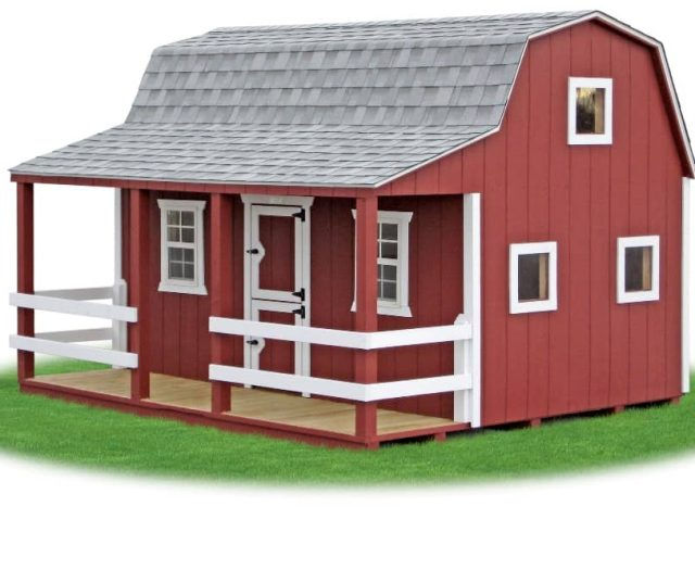 Barn playhouse with a grey shingled roof and a front porch, displayed on a plain background.