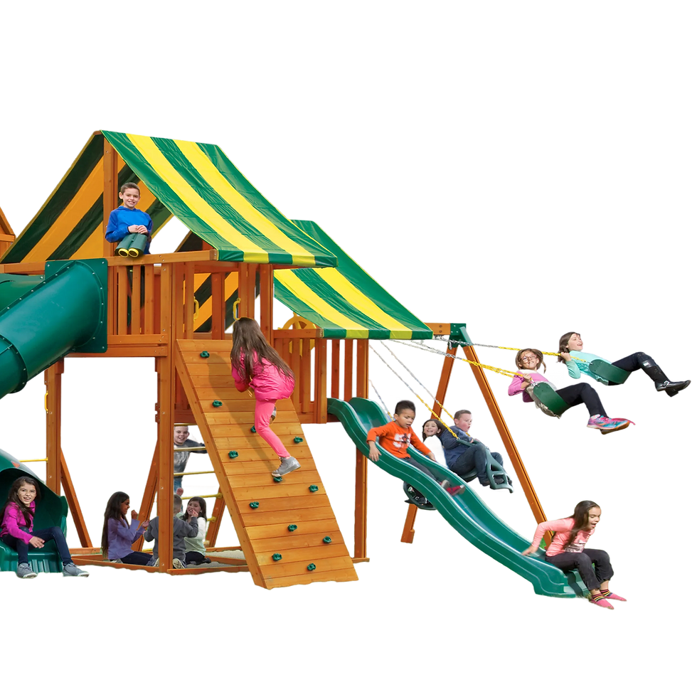 Wooden backyard swing set with slide, swings, and play tower featured in January swing set display sale
