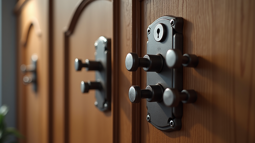 Vue rapprochée d'une serrure multipoints installée sur une porte en bois