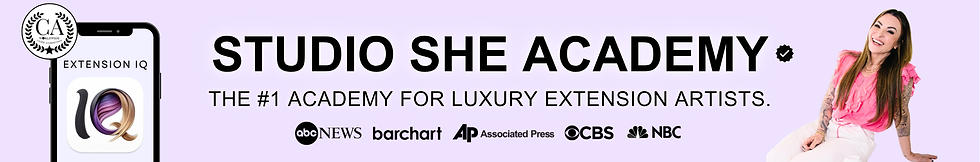 Smiling woman in pink seated against lavender backdrop. "STUDIO SHE ACADEMY" text; phone with hair extension app. Logos below text.