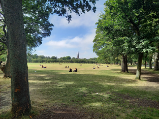 A green space surrounded by trees, with views of a city (Edinburgh) in the background. People are sat on the lawn together