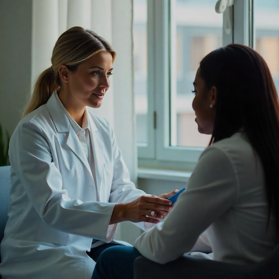 Explaining migraine relief options to a young American woman