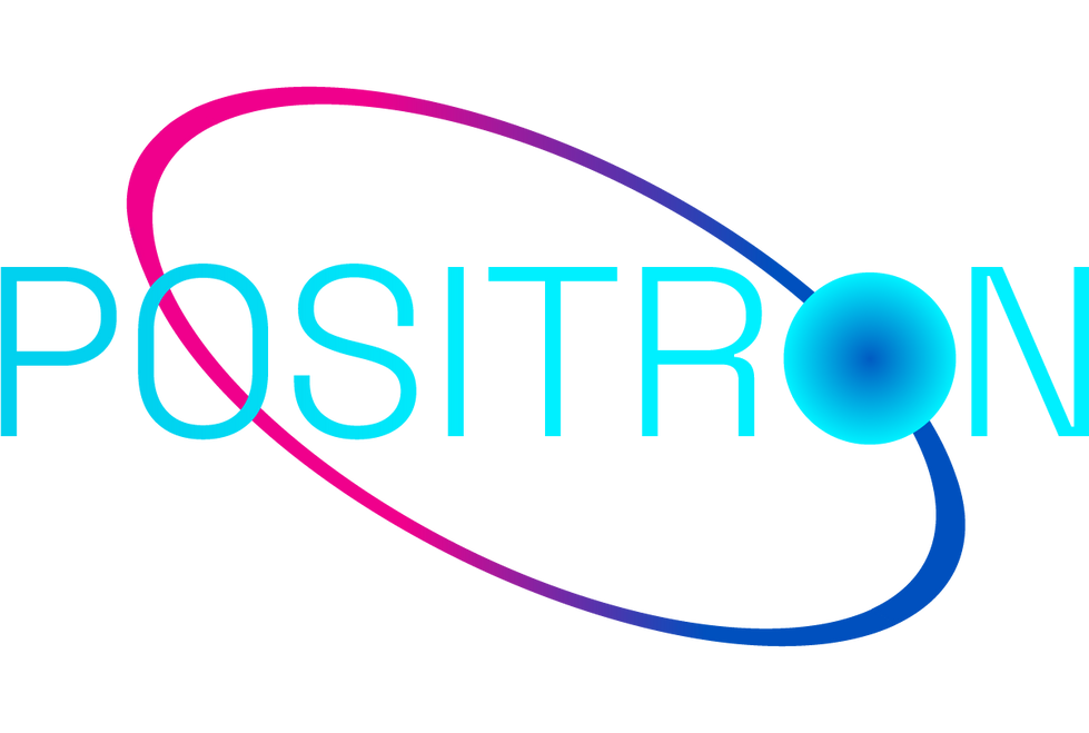 Positron logo ja sümbol sinise osakesega valgel taustal – teadusfestivali visuaalne identiteet.