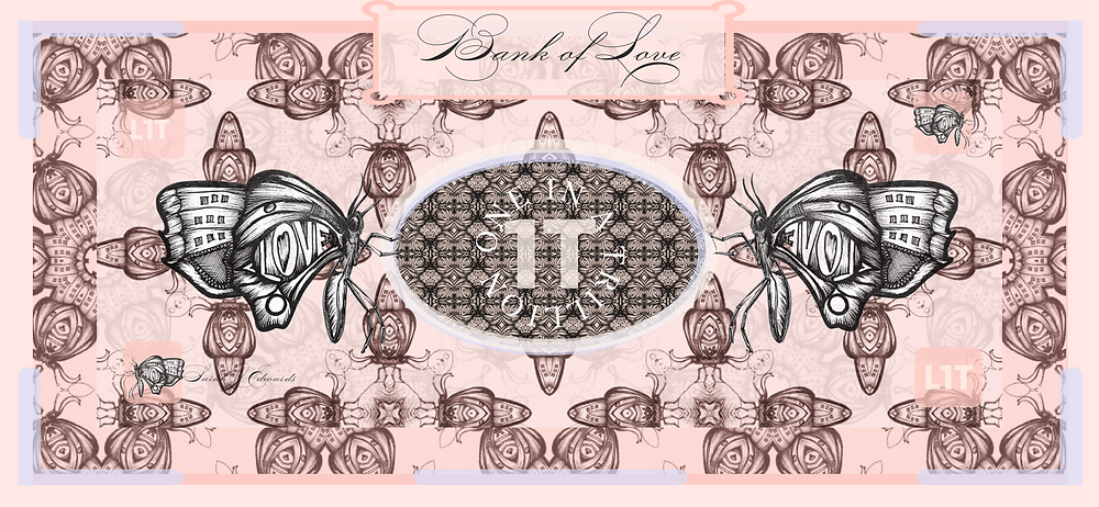 A Bank of Love currency note using layers of Moth drawings made into patterns by Sarah J. Edwards