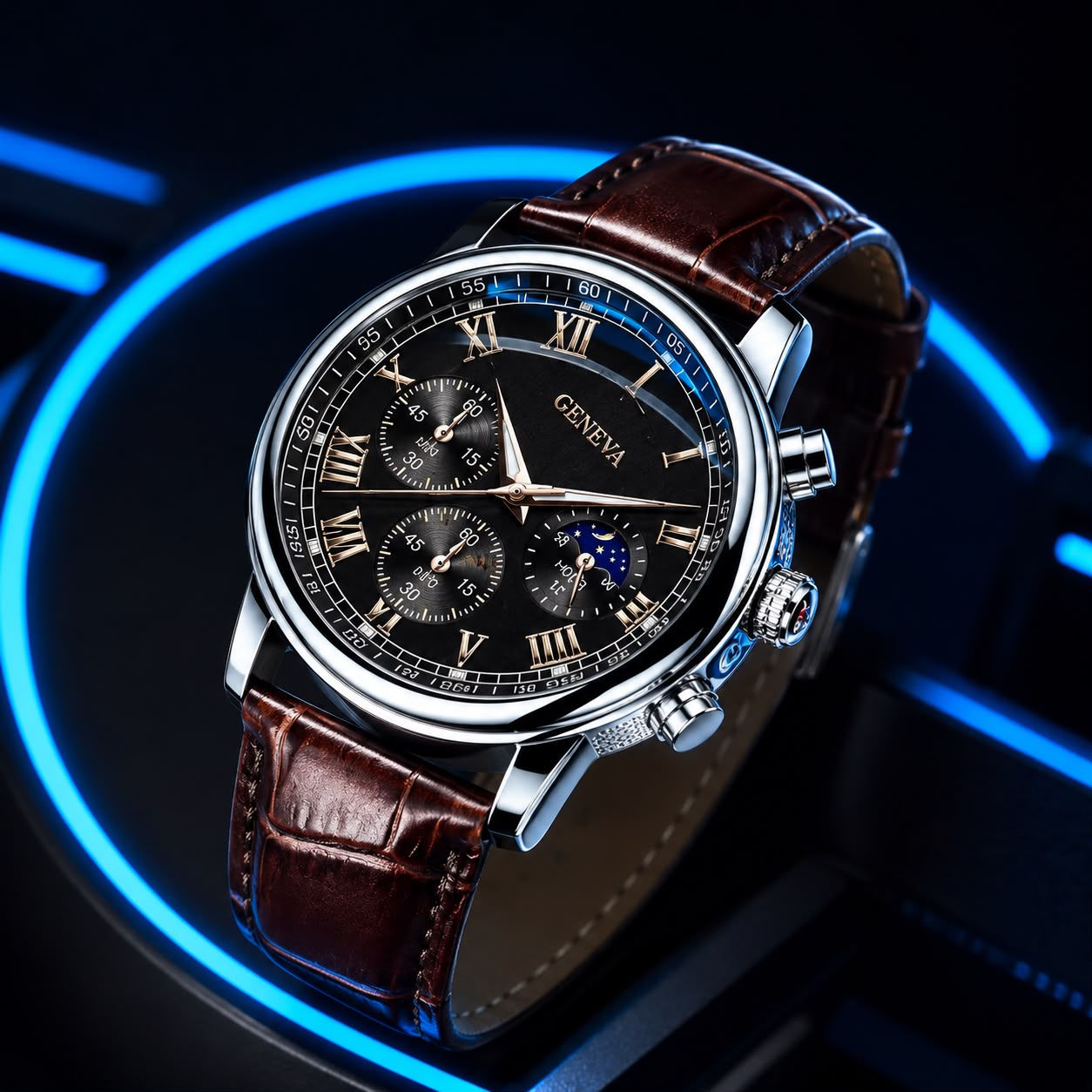 Fashion men’s leather wristwatch with classic Roman numeral display