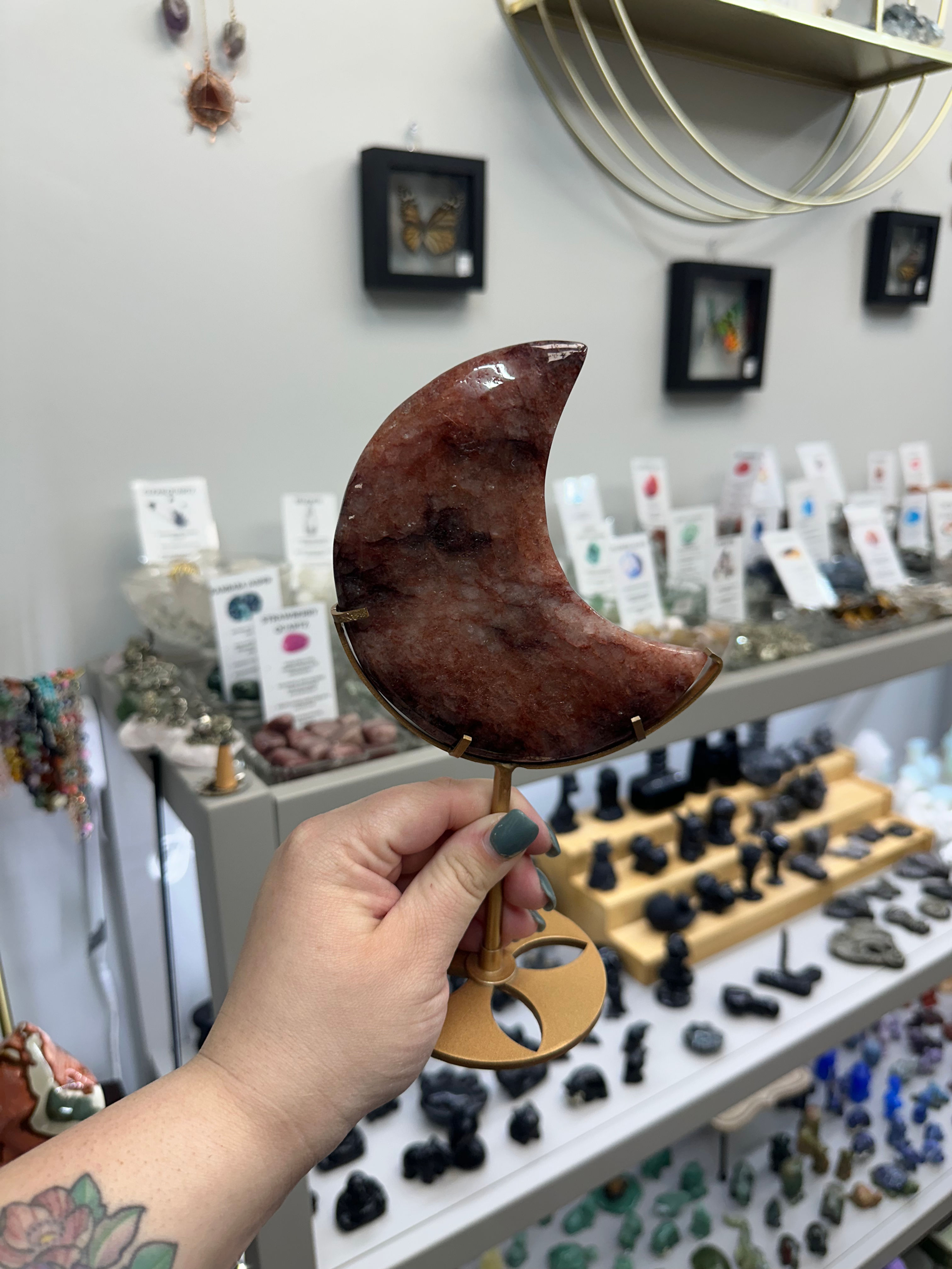 Hematoid "Fire" Quartz Moon on Stand
