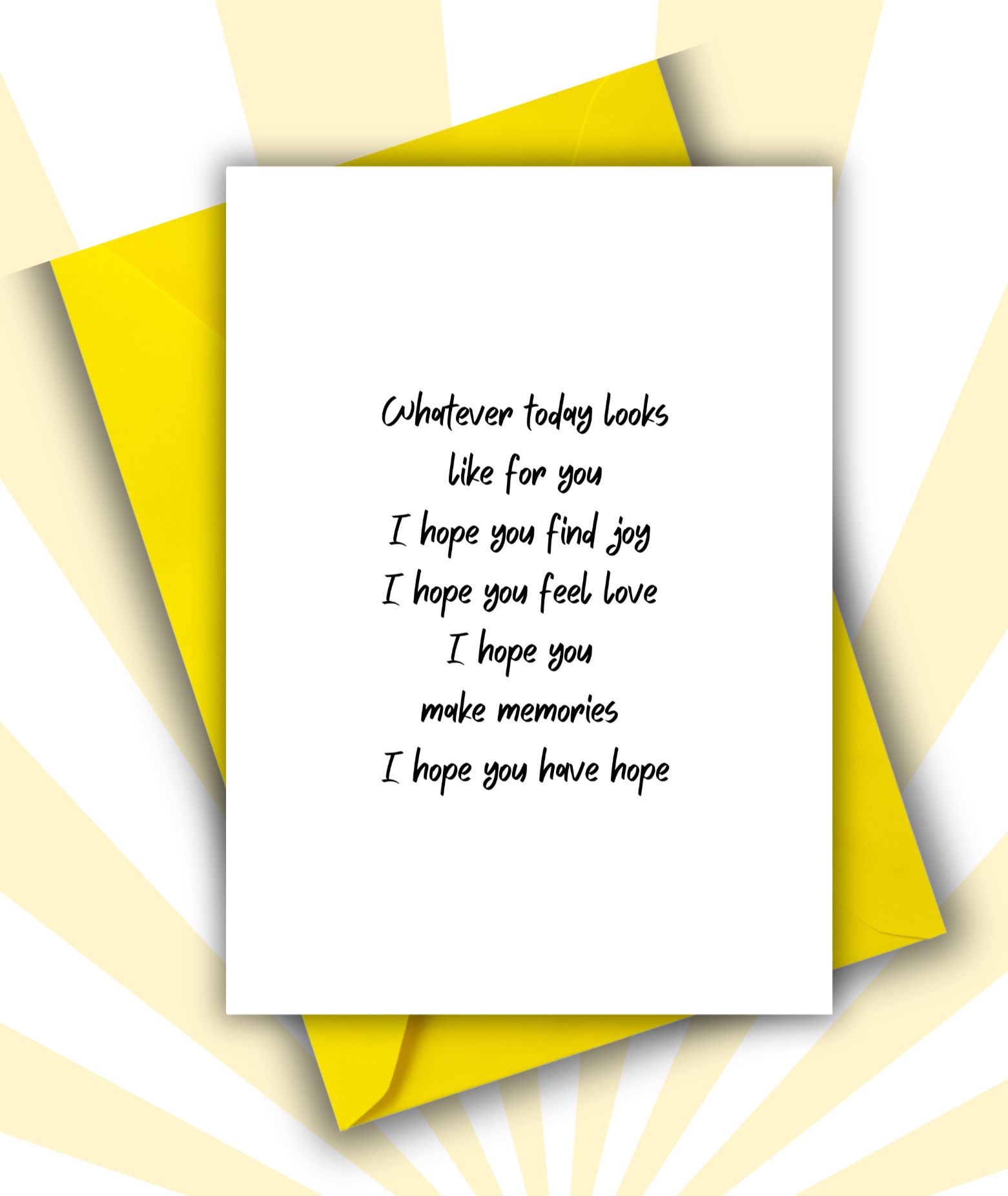 Greeting card with black ink on white background with yellow envelope.