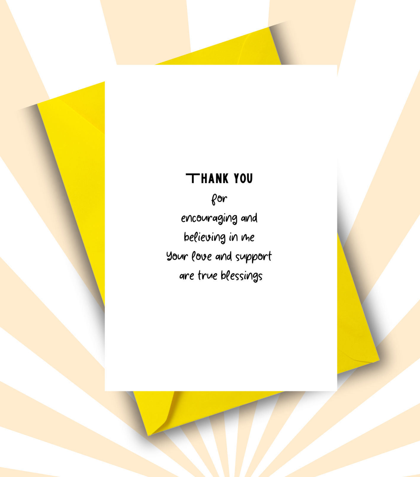 Greeting card with black ink on white background with yellow envelope.