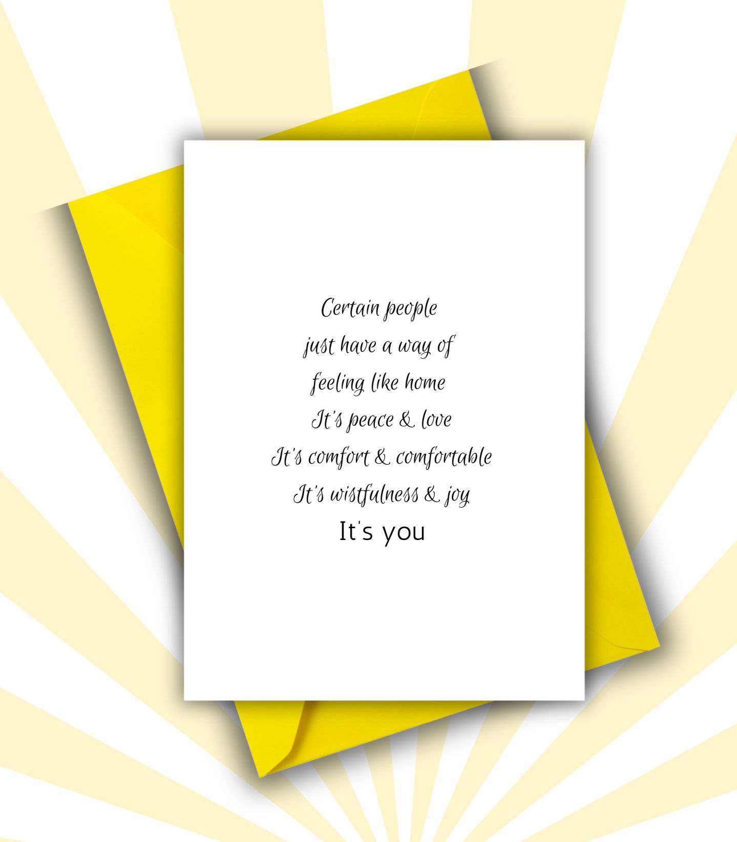 Greeting card with black ink on white background with yellow envelope.