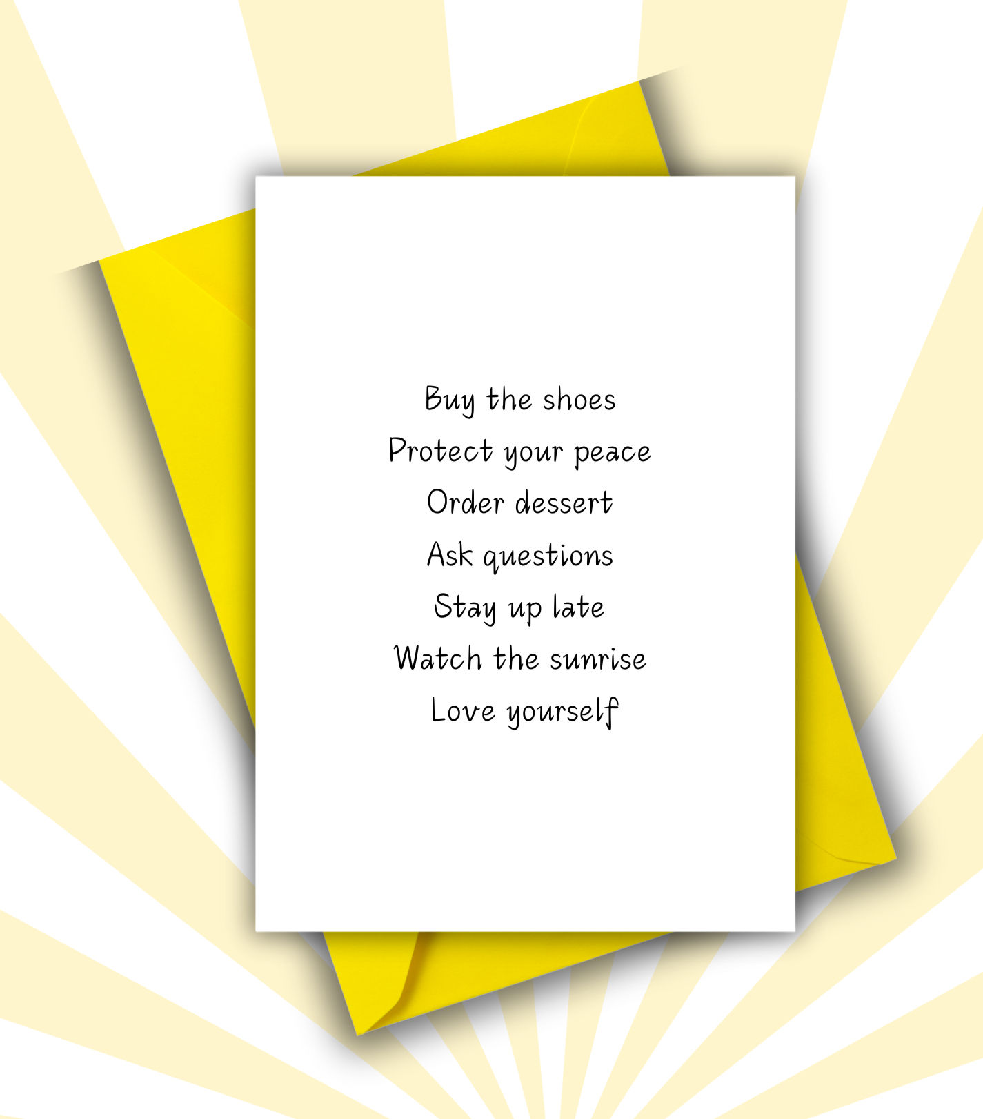 Greeting card with black ink on white background with yellow envelope.