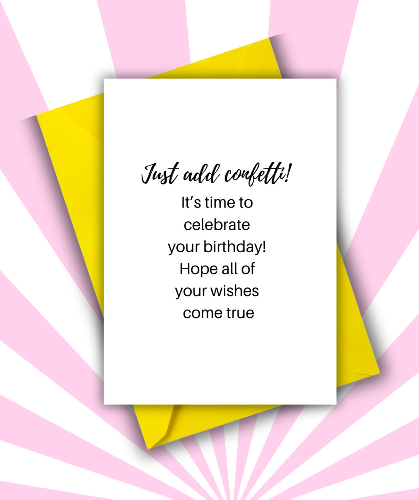Greeting card with black ink on white background with yellow envelope.