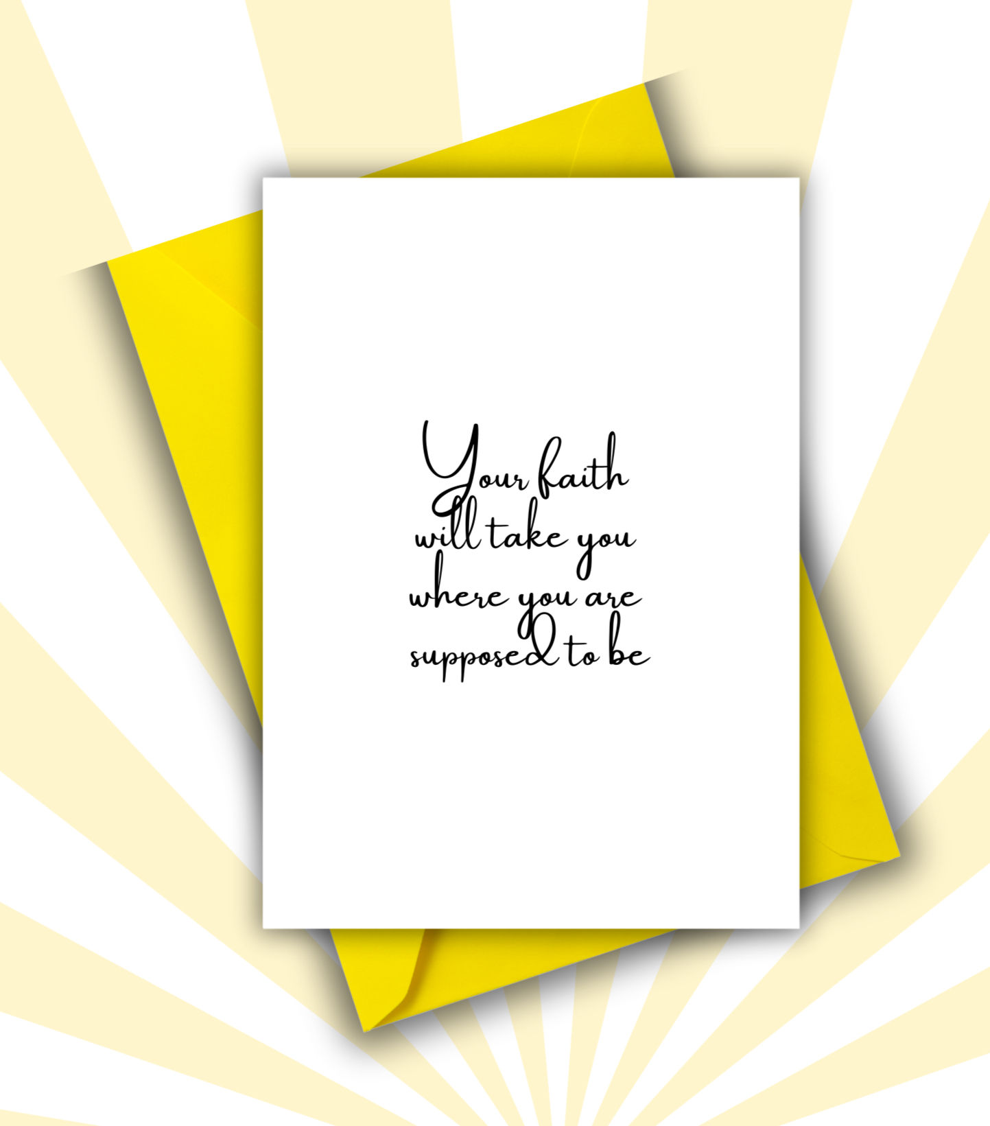 Greeting card with black ink on white background with yellow envelope.