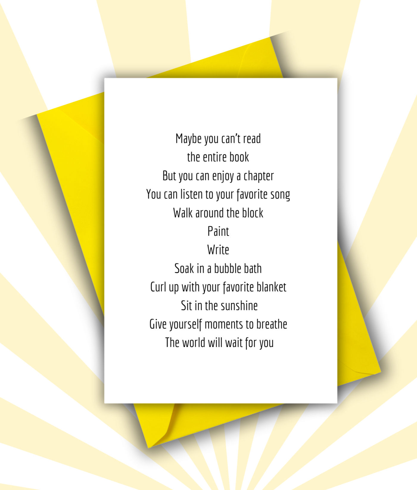 Greeting card with black ink on white background with yellow envelope.
