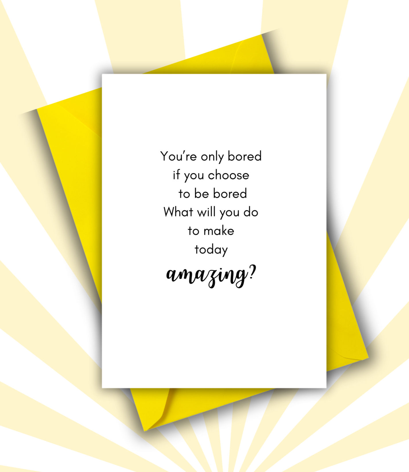 Greeting card with black ink on white background with yellow envelope.