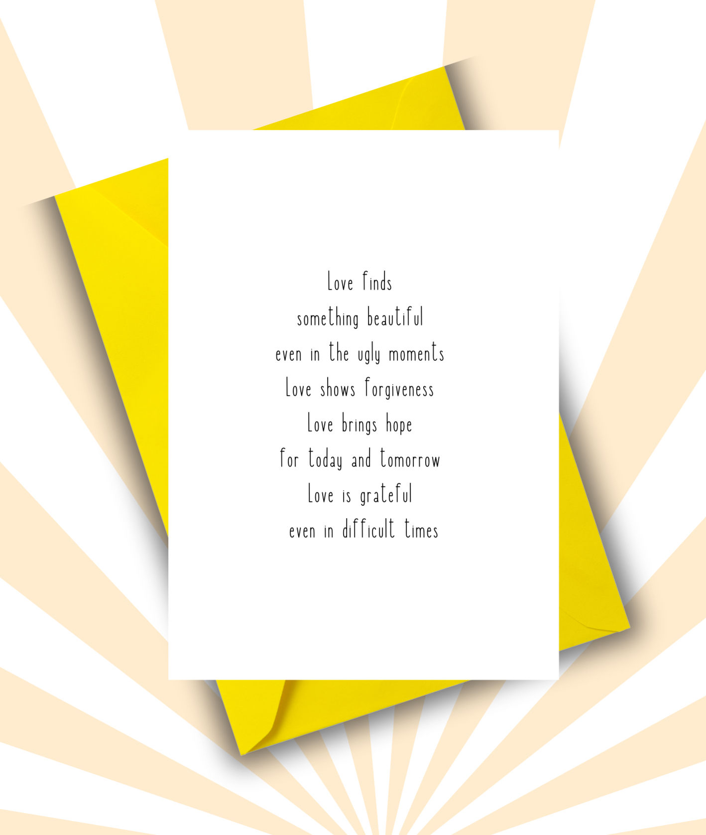 Greeting card with black ink on white background with yellow envelope.