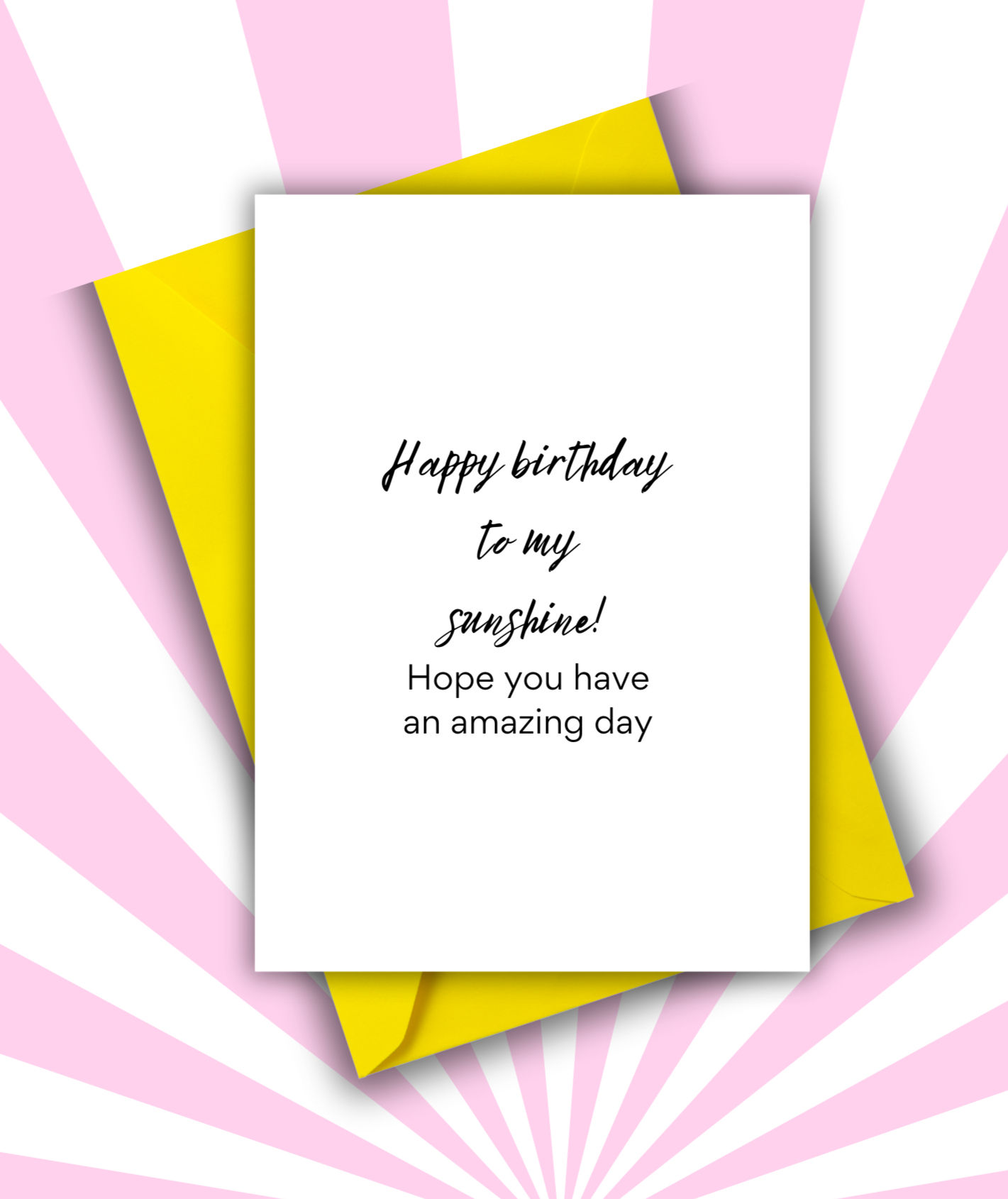 Greeting card with black ink on white background with yellow envelope.