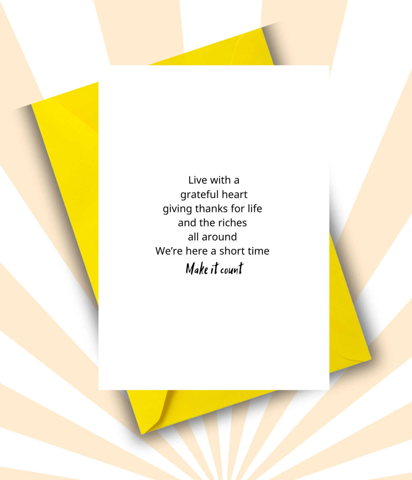 Greeting card with black ink on white background with yellow envelope.
