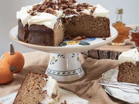 Pumpkin, Maple & Date Cake with Maple cream cheese frosting and Caramelized maple pecans