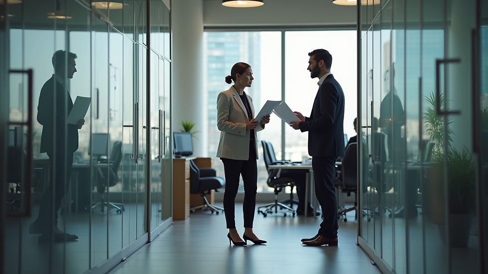 Eye-level view of a modern office space with recruiters discussing hiring plans
