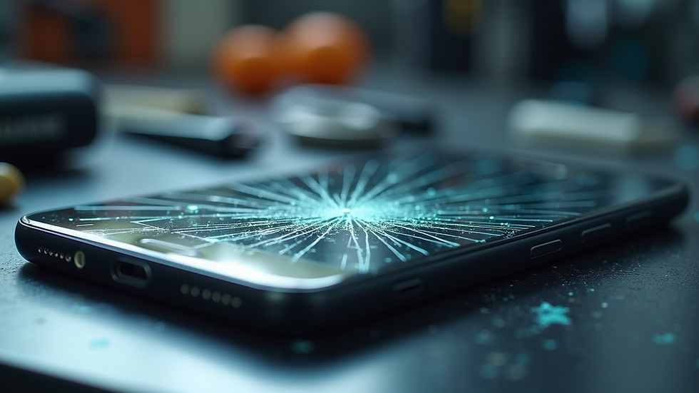 Close-up view of a Samsung Galaxy phone with a cracked screen on a repair table
