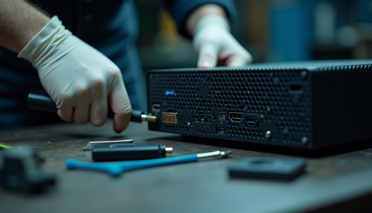 Close-up view of a Microsoft Xbox HDMI port being repaired