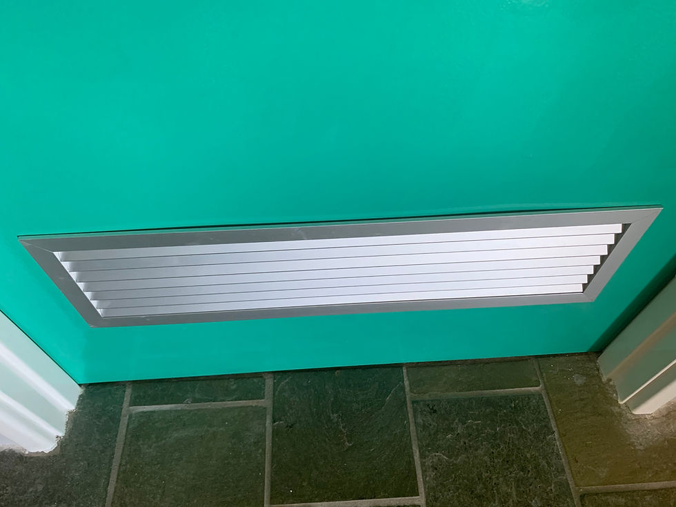 Aluminium door vent in a green bedroom door with a small gap between vent and door
