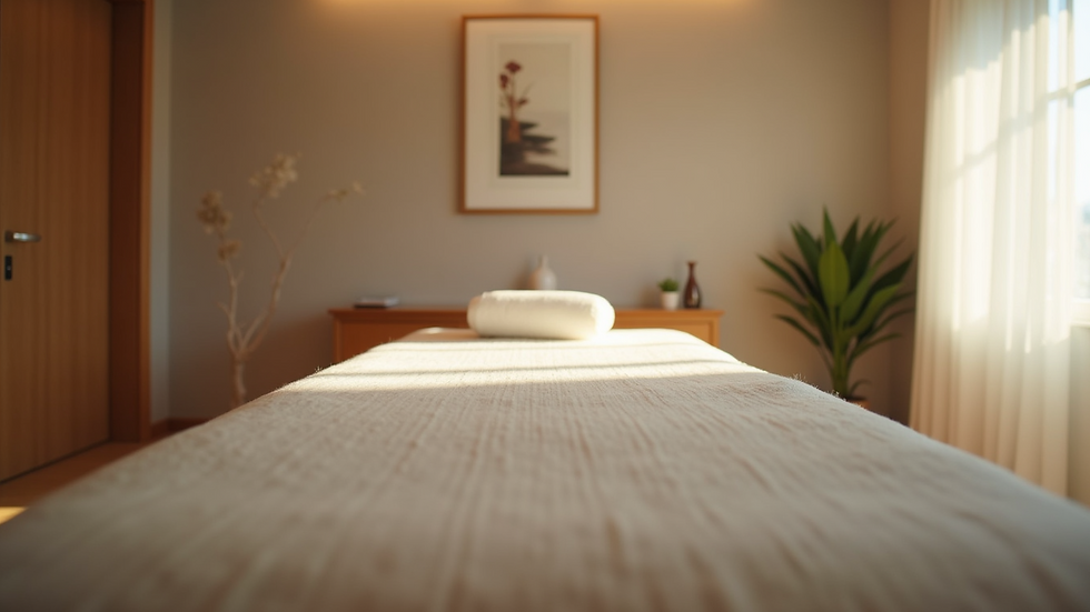Eye-level view of a massage table set up in a calm therapy room