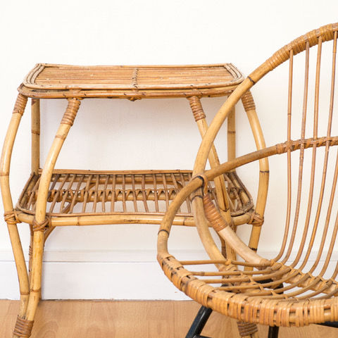 Thumbnail: 1950s  FRENCH BAMBOO SATELLITE SET OF 4 CHAIRS WITH TABLE
