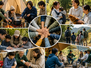 防災キャンプを通じて、人とのつながりや体験から生きる力を育み、防災を日常に取り入れる様子を表現したイメージ画像