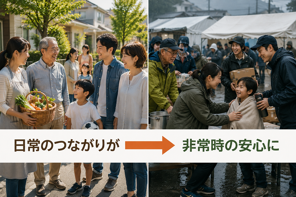家族や地域の人々が防災キャンプを通じて交流し、協力しながら地域の防災力を育てる様子を表現したイメージ画像