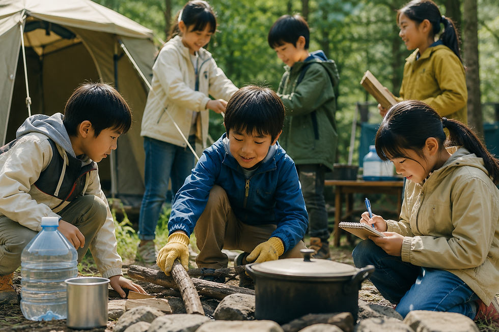 子どもたちがキャンプ体験を通して協力し、自ら考え工夫しながら課題を解決する様子を表現したイメージ画像