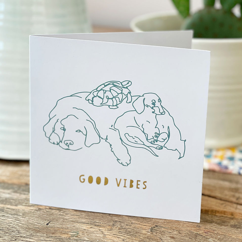 Thumbnail: Good vibes text under line drawing of dogs and tortoise