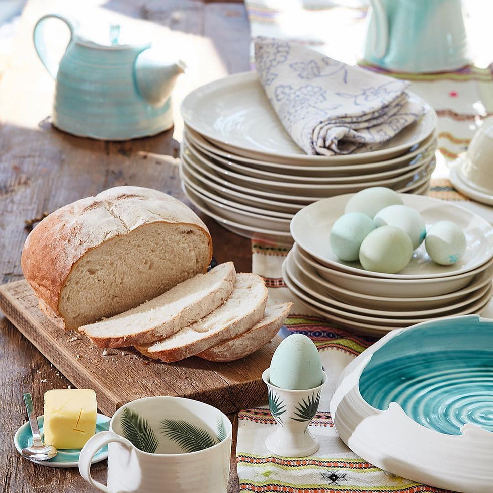 Thumbnail: Stack of cereal bowls with duck eggs inside, amidst breakfast scene on a farmhouse kitchen table