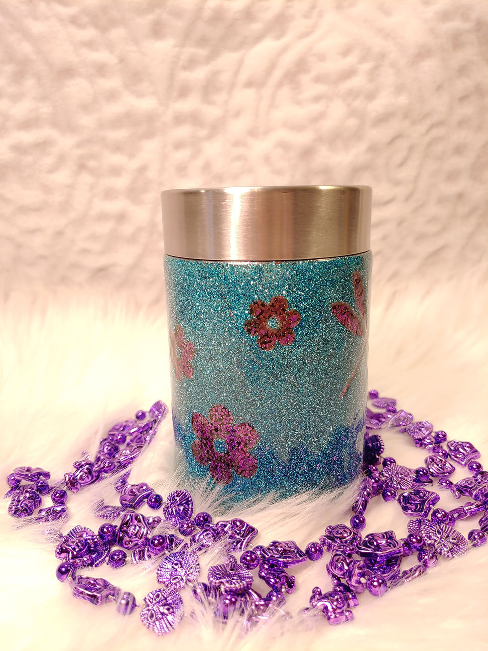 Custom Can Cooler with violet glitter flowers by The Frazzled Flamingo