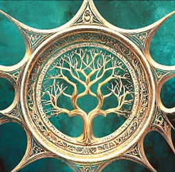 Text in gold writing on a green background reads "Empire of Man, Book 1 - The First Empress". Behind the text is a golden tree surrounded by an intricate design.